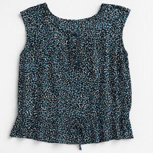 Alfani Petite 12P Silk Sleeveless Blouse Blue Black Animal Print Ruffle Top